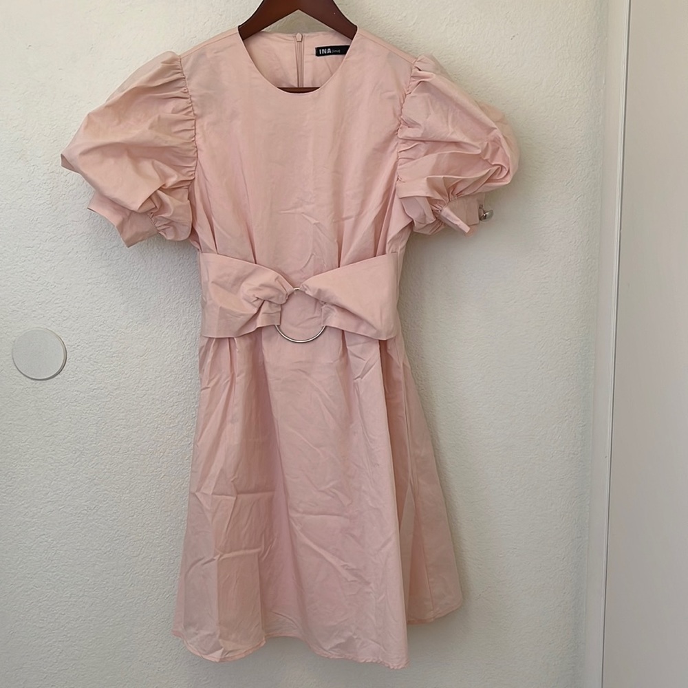 INA puff sleeve pink midi dress fit n flare modest balletcore feminine sz S